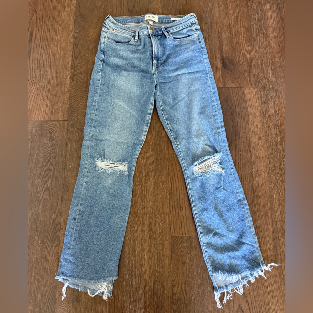 Frame Denim Stretchy Light Blue Distressed Cropped Jeans